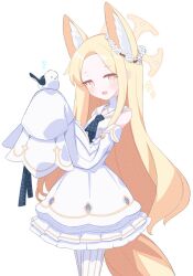 Rule 34 | 1girl, ?, animal ear fluff, animal ears, blonde hair, blue archive, blue necktie, blush, bow, buttons, commentary request, cowboy shot, detached sleeves, dress, flat chest, flower, flower wreath, forehead, fox ears, fox girl, frilled dress, frills, gradient eyes, halo, highres, long hair, long sleeves, multicolored eyes, necktie, open mouth, orange eyes, pantyhose, parted bangs, petticoat, puffy long sleeves, puffy sleeves, sailor collar, sasanoha (sasanoha0712), seia (blue archive), simple background, solo, striped clothes, striped pantyhose, tit (bird), turtleneck, turtleneck dress, vertical-striped clothes, vertical-striped pantyhose, very long hair, white background, white bow, white dress, white flower, white sailor collar, yellow bow, yellow eyes, yellow halo