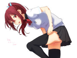 Rule 34 | 10s, 1girl, @@@, bad id, bad pixiv id, black thighhighs, blush, bow, free!, hair bow, looking at viewer, matsuoka gou, open mouth, ponytail, red eyes, red hair, school uniform, simple background, skirt, solo, sweater vest, thighhighs, white background