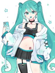 Rule 34 | 1girl, bare shoulders, black choker, black skirt, black sports bra, black thighhighs, blue eyes, blue hair, blush, breasts, candy, cellphone, choker, cleavage, collarbone, contrapposto, cowboy shot, dot nose, double bun, earclip, earrings, food, garter straps, hair between eyes, hair bun, hand in pocket, hatsune miku, highres, holding, holding phone, hood, hood down, hooded jacket, jacket, jewelry, legs apart, lightning bolt earrings, lightning bolt symbol, lollipop, long hair, long sleeves, looking at viewer, minazuki (minaduki 0318), miniskirt, mouth hold, navel, number tattoo, open clothes, open jacket, phone, pleated skirt, puffy sleeves, simple background, single earring, single thighhigh, skirt, sleeve cuffs, small breasts, smartphone, solo, sports bra, spring onion, star (symbol), stomach, tattoo, thighhighs, twintails, very long hair, vocaloid, white background, white jacket