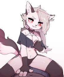 Rule 34 | 1boy, 1girl, animal ear fluff, black gloves, black panties, black thighhighs, breasts, cameltoe, choker, cleavage, colored sclera, crayon (crayon1006), crop top, fang, fingerless gloves, furry, furry female, gloves, grey hair, grin, helluva boss, highres, long hair, looking at viewer, loona (helluva boss), medium breasts, navel, panties, pov, pov crotch, red sclera, smile, spiked choker, spikes, straddling, thighhighs, underwear, white background, white eyes