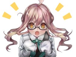 Rule 34 | &gt;:o, 10s, 1girl, :o, ahoge, black-framed eyewear, blonde hair, blue bow, bow, collared shirt, double bun, dress, glasses, gradient hair, kantai collection, long hair, long sleeves, looking at viewer, makigumo (kancolle), multicolored hair, open mouth, pink hair, shirt, simple background, sleeveless, sleeveless dress, sleeves past wrists, solo, sorao (ichhimo), twintails, upper body, v-shaped eyebrows, white background, white shirt, yellow eyes