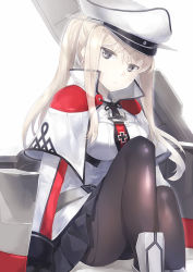 Rule 34 | 10s, 1girl, bad id, bad pixiv id, blonde hair, breasts, capelet, celtic knot, female focus, gloves, graf zeppelin (kancolle), grey eyes, hat, kantai collection, large breasts, machinery, miniskirt, pantyhose, peaked cap, sakuyosi, skirt, solo, twintails, uniform