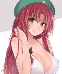 Rule 34 | 1girl, alternate eye color, asa (coco), beret, bikini, blush, braid, breasts, cleavage, eyes visible through hair, green eyes, green hat, grey background, hand in own hair, hat, hong meiling, large breasts, long hair, looking at viewer, red hair, smile, solo, star (symbol), swimsuit, touhou, twin braids, two-tone background, upper body, very long hair, wet, white background, white bikini