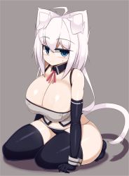 Rule 34 | 1girl, ahoge, animal ears, bare shoulders, black thighhighs, blue eyes, blush, breasts, cat ears, cat tail, cleavage, curvy, elbow gloves, felt whitesnow, frown, gloves, highres, huge breasts, long hair, looking at viewer, original, plump, pointy ears, sawati, short hair with long locks, sitting, solo, tail, thick thighs, thighhighs, thighs, white hair, wide hips