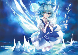 Rule 34 | 1girl, blue theme, cirno, collared dress, commentary request, dress, full moon, moon, sasurai susuki, solo, standing, star (sky), tagme, touhou