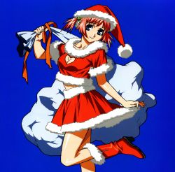 Rule 34 | 00s, 1girl, bag, blue eyes, breasts, cleavage, cleavage cutout, clothing cutout, gloves, hat, heart, heart cutout, highres, looking at viewer, mezzo danger service agency, official art, pink hair, santa costume, santa hat, short hair, skirt, smile, standing, standing on one leg, suzuki mikura, twintails, umetsu yasuomi