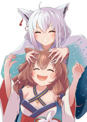 Rule 34 | 2girls, ^ ^, absurdres, animal ears, bare shoulders, blush, brown hair, closed eyes, commentary request, detached sleeves, dog ears, dog girl, fox ears, fox girl, glomp, hand in another&#039;s hair, highres, hilamaru, hololive, hug, inugami korone, inugami korone (new year), japanese clothes, kimono, multiple girls, playing with another&#039;s hair, shirakami fubuki, shirakami fubuki (new year), shirt, simple background, smile, tickling, upper body, virtual youtuber, white background, white hair, white shirt