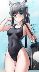 Rule 34 | 1girl, animal ear fluff, animal ears, bag, black one-piece swimsuit, blue archive, blue eyes, breasts, competition swimsuit, cowboy shot, cross hair ornament, extra ears, grey hair, hair ornament, halo, highres, looking at viewer, low ponytail, medium breasts, medium hair, mismatched pupils, multicolored clothes, multicolored swimsuit, official alternate costume, one-piece swimsuit, parted lips, revision, shiroko (blue archive), shiroko (swimsuit) (blue archive), signature, solo, swimsuit, twitter username, wolf ears, yoo tenchi