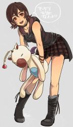 Rule 34 | 1girl, breasts, brown eyes, brown hair, choker, final fantasy, final fantasy xv, full body, highres, iris amicitia, looking at viewer, medium breasts, open mouth, payu (pyms11), short hair, simple background, skirt, sleeveless, smile, solo, stuffed animal, stuffed toy