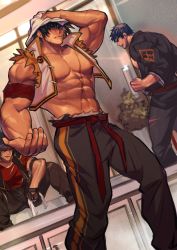 Rule 34 | 3boys, abs, absurdres, armband, baimeme, bara, bare pectorals, black hair, black jacket, black pants, cropped jacket, dougi, dungeon and fighter, facial scar, fighter (dungeon and fighter), grappler (dungeon and fighter), headband, highres, jacket, large pectorals, looking at viewer, male brawler (dungeon and fighter), male fighter (dungeon and fighter), male focus, multiple boys, muscular, muscular male, navel, nipples, open clothes, open jacket, pants, pectorals, red shirt, scar, scar on arm, scar on cheek, scar on chest, scar on face, shirt, short hair, sleeveless, sleeveless jacket, torn clothes, torn jacket, towel, towel on head, white jacket