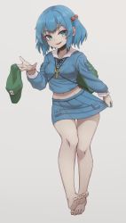 Rule 34 | 1girl, anidante, backpack, bag, barefoot, black bra, blue eyes, blue hair, blue shirt, blue skirt, bra, collarbone, commentary, english commentary, full body, green eyes, green hat, hair bobbles, hair ornament, hat, holding, holding clothes, holding hat, kawashiro nitori, key, long sleeves, looking at viewer, miniskirt, multicolored eyes, navel, parted lips, pocket, see-through, shirt, short hair, simple background, skirt, smile, solo, thighs, touhou, two side up, underwear, unworn hat, unworn headwear, white background, yellow eyes