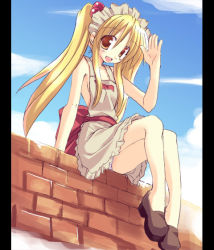Rule 34 | 1girl, :d, apron, bare legs, blonde hair, brick wall, brown footwear, cloud, day, from below, full body, hair bobbles, hair ornament, kafra uniform, legs together, long hair, looking at viewer, maid headdress, naked apron, no socks, open mouth, orange eyes, outdoors, pillarboxed, ragnarok online, sash, satou kibi, shoes, sidelocks, sitting, sky, smile, solo, twintails, wall, waving