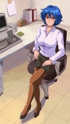 Rule 34 | 1980s (style), 1girl, absurdres, black footwear, black skirt, blue hair, borrowed character, breasts, chair, closed mouth, computer, file cabinet, formal, hand on lap, highres, indoors, keyboard (computer), large breasts, long sleeves, looking at viewer, monitor, office, office chair, office lady, oldschool, on chair, original, pantyhose, pencil skirt, red eyes, retro artstyle, shirt, short hair, sitting, skirt, skye (hcnone), smile, solo, swivel chair, thighhighs, white shirt, yato (yama0x1)