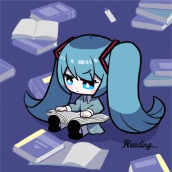 Rule 34 | 1girl, alternate costume, aqua dress, black footwear, blue eyes, blue hair, book, bright pupils, chibi, chibi only, closed mouth, collared dress, dress, english text, hatsune miku, highres, holding, holding book, long hair, long sleeves, nano 393, open book, reading, shoes, sitting, solo, twintails, very long hair, vocaloid, white pupils