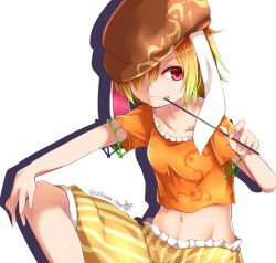 Rule 34 | 1girl, artist name, blonde hair, breasts, brown hat, chikuwa savy, clenched teeth, collarbone, commentary request, crop top, flat cap, frills, groin, hair between eyes, hair over one eye, hat, holding, knee up, looking at viewer, midriff, navel, orange shirt, pink eyes, ringo (touhou), shirt, short hair, short sleeves, shorts, silhouette, simple background, sitting, small breasts, solo, stomach, striped clothes, striped shorts, teeth, touhou, twitter username, vertical-striped clothes, vertical-striped shorts, white background, yellow shorts