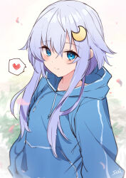 Rule 34 | 1girl, artist name, blue eyes, blue hoodie, blush, closed mouth, commentary request, crescent, crescent hair ornament, hair between eyes, hair ornament, heart, highres, hood, hood down, hoodie, kantai collection, long sleeves, petals, purple hair, short hair with long locks, sidelocks, signature, smile, solo, sou (soutennkouchi), spoken heart, upper body, yayoi (kancolle)