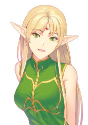 Rule 34 | 1girl, :d, arms behind back, blonde hair, breasts, deedlit, elf, fateline alpha, green eyes, head tilt, highres, jewelry, long hair, medium breasts, open mouth, pointy ears, record of lodoss war, shirt, simple background, smile, solo, upper body, very long hair, white background