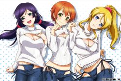Rule 34 | 10s, 3girls, ayase eli, bikini jeans, blonde hair, blue eyes, blush, breasts, cleavage, cleavage cutout, clothing cutout, collage, contrapposto, cowboy shot, denim, green eyes, groin, head tilt, hoshizora rin, jeans, jewelry, large breasts, looking at viewer, love live!, love live! school idol project, low twintails, lowleg, lowleg pants, meme attire, multiple girls, necklace, open-chest sweater, orange hair, pants, paw pose, ponytail, purple hair, ribbed sweater, scrunchie, shiroyasha, short hair, small breasts, standing, sweater, tojo nozomi, turtleneck, twintails, yellow eyes
