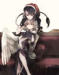 Rule 34 | 2girls, bad id, bad twitter id, book, couch, crossed legs, doremy sweet, dress, feathered wings, hat, hisona (suaritesumi), jacket, kishin sagume, long sleeves, multiple girls, nightcap, open clothes, open jacket, pillow, pom pom (clothes), purple eyes, purple hair, red eyes, short hair, short sleeves, silver hair, single wing, sitting, tail, tapir tail, touhou, white wings, wings, yuri