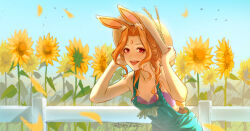 Rule 34 | 1girl, animal ears, artist name, bent over, bird, bra, crescent, crissydissy, falling petals, fence, field, flower, flower field, gloves, green gloves, green overalls, hat, holding, holding clothes, holding hat, looking at viewer, mole, mole under eye, orange hair, original, outdoors, overalls, petals, rabbit ears, red eyes, smile, solo, strapless, strapless bra, sun hat, sunflower, sunflower field, twitter username, underwear