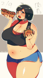 Rule 34 | 1girl, belly, black eyes, black hair, breasts, cleavage, fat, food, glasses, burger, highres, hot dog, large breasts, looking at viewer, muroku (aimichiyo0526), navel, open mouth, plump, short hair, solo, sweat