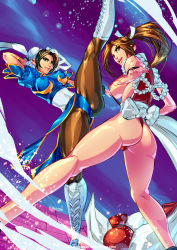 Rule 34 | 2girls, absurdres, ass, bare shoulders, boots, breasts, brown hair, capcom, chun-li, crossover, fatal fury, hair bun, high ponytail, highres, kicking, large breasts, legs, long hair, looking at viewer, looking back, multiple girls, pelvic curtain, shiranui mai, short sleeves, sideboob, single hair bun, sleeveless, standing, standing on one leg, street fighter, the king of fighters, thong, topsu, xdtopsu01
