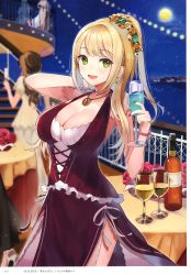 Rule 34 | 1girl, absurdres, artist name, blonde hair, blush, breasts, cleavage, cup, dress, drinking glass, green eyes, highres, holding, jewelry, long hair, looking at viewer, medium breasts, melonbooks, necklace, night, night sky, page number, scan, simple background, sky, star (sky), starry sky, wine glass