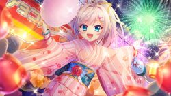 Rule 34 | 2girls, 3others, :d, aerial fireworks, blue eyes, blue sash, blurry, blurry foreground, candy apple, cotton candy, dot nose, dutch angle, film grain, fireworks, floral print, flower, food, food stand, game cg, hair ornament, hair ribbon, hairclip, himura nagisa, holding, holding food, izumi tsubasu, japanese clothes, kimono, lens flare, multiple girls, multiple others, night, night sky, non-web source, obi, official art, open mouth, outdoors, pink hair, pink kimono, pointing, print kimono, print sash, re:stage!, red flower, red rose, ribbon, rose, sash, sky, smile, solo focus, sparkle, star (symbol), striped clothes, striped kimono, summer festival, vertical-striped clothes, vertical-striped kimono, yellow ribbon