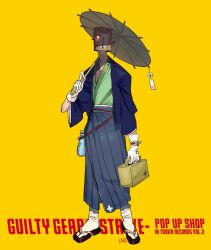 Rule 34 | 1boy, bag, bag over head, faust (guilty gear), full body, gloves, glowing, glowing eye, guilty gear, guilty gear strive, holding, holding umbrella, japanese clothes, kimono, l4r3justdead, long fingers, looking at viewer, male focus, oil-paper umbrella, paper bag, simple background, standing, summer festival, umbrella, white gloves, yellow background, yukata