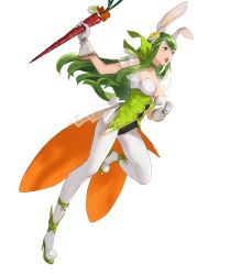 Rule 34 | 1girl, animal ears, breasts, carrot, choker, fake animal ears, female focus, fire emblem, fire emblem: mystery of the emblem, fire emblem heroes, food, full body, gloves, green eyes, green footwear, green hair, hair ornament, headband, high heels, highres, holding, leg up, leotard, long hair, matching hair/eyes, mayo (becky2006), medium breasts, nintendo, official art, palla (fire emblem), pantyhose, pom pom (clothes), rabbit tail, see-through, sleeveless, solo, tail, transparent background, white gloves