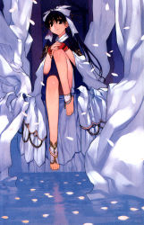 Rule 34 | 1girl, anklet, barefoot, black eyes, black hair, bow, feet, female focus, fingerless gloves, gloves, hair ribbon, jewelry, long hair, now (manhwa), park sung woo, petals, ribbon, robe, sitting, smile, solo, toes, traditional clothes, upskirt, water, white robe, yhun ah-rin