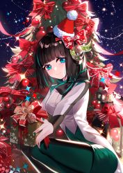 Rule 34 | 1girl, absurdres, baocaizi, bauble, black hair, bow, box, christmas, christmas lights, christmas ornaments, christmas tree, gift, gift box, green eyes, green hair, green nails, hair bow, hair ribbon, hat, highres, holding, holding gift, humagear headphones, izu (kamen rider 01), jacket, kamen rider, kamen rider 01 (series), looking at viewer, multicolored hair, nail polish, night, night sky, red bow, red hat, red ribbon, ribbon, robot ears, santa hat, short hair, sky, smile, solo, star (sky), starry sky, streaked hair, two-tone hair, white jacket