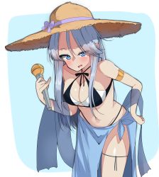 Rule 34 | 1girl, absurdres, armlet, bikini, black bikini, blue background, blue eyes, blue sarong, blush, bow, breasts, brown hat, cleavage, commentary, cowboy shot, criss-cross halter, flint (girls und panzer), girls und panzer, half-closed eyes, halterneck, hand on own hip, hat, hat bow, highres, holding, holding microphone, kshimu, large breasts, layered bikini, leg ribbon, long hair, looking at viewer, microphone, navel, open mouth, pinky out, purple bow, ribbon, rounded corners, sarong, sidelocks, silver hair, smile, solo, standing, stole, straw hat, sun hat, swimsuit, thigh ribbon, tilted headwear