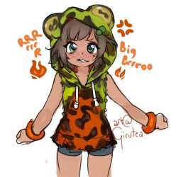 Rule 34 | 1girl, alternate costume, animal ears, animal hood, artist name, blue eyes, blue shorts, brown hair, caveman, cheetah print, child, clenched teeth, collarbone, cross-popping veins, english text, eyelashes, female focus, fire, freckles, frog eyes, frog hood, girutea, green eyes, green hair ornament, green hoodie, hood, hood up, hoodie, indie virtual youtuber, lily hopkins, looking at viewer, lower teeth only, medium hair, multicolored clothes, multicolored eyes, neck, open mouth, orange hoodie, orange wristband, outstretched arms, shiny skin, shorts, signature, simple background, sketch, solo, standing, tan, teeth, thighs, upper teeth only, white background