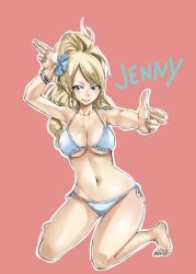 Rule 34 | 1girl, arm up, armpits, barefoot, bikini, blonde hair, blue bikini, blue eyes, blue nails, bracelet, breasts, character name, cleavage, collarbone, dual wielding, earrings, fairy tail, feet, finger gun, full body, high ponytail, holding, jenny realight, jewelry, kneeling, large breasts, long hair, looking at viewer, mashima hiro, nail polish, navel, official art, outstretched arm, red background, shiny skin, side-tie bikini bottom, simple background, solo, swimsuit, tattoo, toenail polish, toenails, underboob