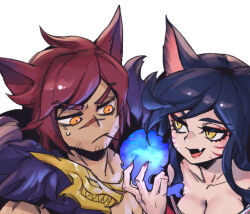 Rule 34 | 1boy, 1girl, ahri (league of legends), animal ears, black hair, breasts, brown eyes, brown hair, cleavage, closed mouth, collarbone, commentary, english commentary, facial hair, facial mark, fang, fingernails, fox ears, fox girl, fur trim, league of legends, long hair, looking at another, medium breasts, nail polish, open mouth, phantom ix row, red nails, scar, scar on face, scar on nose, sett (league of legends), short hair, simple background, smile, sweatdrop, v-shaped eyebrows, whisker markings, white background, yellow eyes