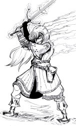 Rule 34 | 1girl, aged up, alternate hair length, alternate hairstyle, anachronism, armor, aura, belt, couter, greatsword, greyscale, gun, highres, holster, long hair, medieval, monochrome, rumia, rumiak, sheath, sheathed, sword, touhou, tunic, two-handed sword, vambraces, weapon, zweihander