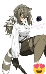 Rule 34 | 1girl, animal ears, animal hands, arknights, black necktie, black shorts, breasts, brown hair, brown pantyhose, buttons, collared shirt, cropped legs, cross tie, doctor (arknights), ear piercing, emoji, feet out of frame, freckles, hair between eyes, highres, holding, holding knife, knife, long sleeves, looking at viewer, medium breasts, multicolored hair, necktie, one eye closed, pantyhose, pantyhose under shorts, piercing, raccoon ears, raccoon girl, raccoon tail, robin (arknights), shirt, shorts, sidelocks, signal 1120, simple background, solo, streaked hair, tail, white background, white hair, white shirt, yellow eyes