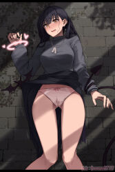 Rule 34 | 1girl, :3, arm at side, artist name, bat (animal), black eyes, black hair, black skirt, blush, bow, bow panties, breasts, brick wall, clothes lift, dappled sunlight, day, demon tail, dog tags, embarrassed, female focus, glowing, grey sweater, hand up, have to pee, heart, highres, ivy, jewelry, kokomachi, legs, letterboxed, lifting another&#039;s clothes, long hair, long skirt, long sleeves, looking at viewer, magic, medium breasts, nail polish, necklace, nose blush, open mouth, original, outdoors, panties, peeing, peeing self, pink nails, pink panties, pixiv username, pov, purple ribbon, raised eyebrows, restrained, ribbon, sash, shirt tucked in, skirt, skirt lift, solo focus, sunlight, sweat, sweater, tail, telekinesis, thighs, trembling, twintails, underwear, watermark, wet, wet clothes, wet panties, yellow eyes