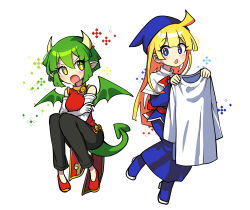 Rule 34 | 2girls, absurdres, black pants, blonde hair, blue eyes, blue footwear, blush, boots, china dress, chinese clothes, crossed arms, draco centauros, dragon girl, dragon horns, dragon tail, dragon wings, dress, elbow gloves, fang, gloves, green hair, high heel boots, high heels, highres, horns, long hair, looking at another, multiple girls, offbeat, open mouth, pants, pointy ears, puyopuyo, red dress, red footwear, short hair, sleeveless, sleeveless dress, tail, very long hair, white gloves, wings, witch (puyopuyo), yellow eyes
