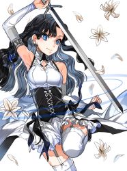 Rule 34 | 1girl, armpits, bare shoulders, black footwear, black hair, blue eyes, braid, breasts, bright pupils, closed mouth, commentary request, detached sleeves, flower, garter straps, hand up, highres, holding, holding sword, holding weapon, long hair, looking at viewer, maruchi, medium breasts, original, skirt, smile, solo, standing, standing on one leg, sword, thighhighs, underbust, weapon, white background, white flower, white skirt, white thighhighs