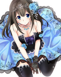 Rule 34 | 10s, 1girl, bare shoulders, black gloves, black hair, black thighhighs, blue dress, blue eyes, blush, breasts, cleavage, collarbone, commentary request, dress, flower, from above, gloves, hair flower, hair ornament, hairband, idolmaster, idolmaster cinderella girls, idolmaster cinderella girls starlight stage, jewelry, lace, lace gloves, large breasts, long hair, looking at viewer, looking up, necklace, rikudou inuhiko, sagisawa fumika, sitting, smile, solo, strapless, strapless dress, thighhighs, wariza