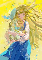 Rule 34 | 1girl, bird, birdcage, blonde hair, blue dress, blue eyes, cage, closed mouth, collared shirt, cowboy shot, dove, dress, expressionless, falling petals, floating hair, flower, highres, holding, holding cage, long bangs, long hair, long sleeves, looking at viewer, neck ribbon, original, petals, pinafore dress, pleated dress, red ribbon, ribbon, shiomi (lowrise), shirt, sidelocks, sleeveless, sleeveless dress, solo, sunflower, white flower, white shirt, wind, yellow background