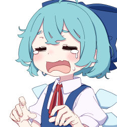 Rule 34 | 1girl, absurdres, aqua hair, blue bow, blue dress, blue hair, blush, bow, cirno, closed eyes, collared shirt, crying, dress, fang, hair between eyes, hair bow, hair ribbon, hands up, hashtag only commentary, highres, ice, ice wings, kame (kamepan44231), neck ribbon, open mouth, puffy sleeves, red ribbon, ribbon, shirt, short hair, short sleeves, simple background, skin fang, sleeveless, sleeveless dress, solo, tearing up, tears, touhou, upper body, white background, white shirt, wings