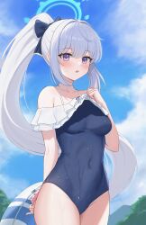 Rule 34 | 1girl, absurdres, arm behind back, bare shoulders, blue archive, blue bow, blue halo, blue one-piece swimsuit, blue sky, blush, boneseing, bow, breasts, cellphone, cloud, collarbone, covered navel, cowboy shot, frilled one-piece swimsuit, frills, grey hair, hair bow, halo, hand on own chest, highres, holding, holding phone, innertube, long hair, looking at viewer, miyako (blue archive), miyako (swimsuit) (blue archive), official alternate costume, one-piece swimsuit, open mouth, phone, ponytail, purple eyes, sky, small breasts, smartphone, solo, swim ring, swimsuit, tree, very long hair, wet, wet clothes, wet swimsuit