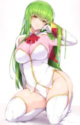 Rule 34 | 1girl, absurdres, ascot, blue gk, blush, bodysuit, boots, breasts, c.c., code geass, gold trim, green hair, hair between eyes, highres, jacket, kneeling, large breasts, leotard, long hair, long sleeves, looking at viewer, multicolored clothes, multicolored jacket, parted lips, pink jacket, red ascot, simple background, smile, solo, thigh boots, thighhighs, thighs, two-sided fabric, two-sided jacket, two-tone jacket, very long hair, white background, white footwear, white jacket, white leotard, yellow eyes