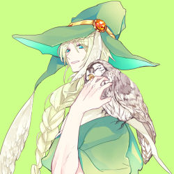 Rule 34 | 1boy, abby (troser), animal, animal on shoulder, bad id, bad pixiv id, bird, bird on shoulder, blonde hair, blue eyes, braid, green background, green hat, hat, hat feather, long hair, looking at viewer, magi the labyrinth of magic, male focus, owl, parted lips, simple background, single braid, solo, upper body, yunan