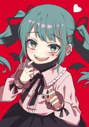 Rule 34 | 1girl, black nails, black skirt, blush, detached wings, ear bar, fangs, frilled shirt collar, frills, green eyes, green hair, halulu, hatsune miku, heart, highres, jewelry, long sleeves, mask, mask pull, mouth mask, nail polish, neck ribbon, open mouth, pink shirt, red background, ribbon, ring, shirt, simple background, skirt, smile, solo, teeth, twintails, upper body, upper teeth only, vampire (vocaloid), vocaloid, wings