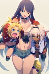 Rule 34 | 1boy, 3girls, age regression, aged down, bikini, blonde hair, blunt bangs, body markings, breasts, caenis (fate), center opening, chibi, choker, cleavage, cowboy shot, cross, cross choker, cross necklace, cutoffs, dark-skinned female, dark skin, earrings, echo (circa), fate/grand order, fate (series), full body, gloves, green eyes, grey background, hair between eyes, hair intakes, hair ornament, hair scrunchie, head bump, headpiece, highleg, highleg bikini, highleg bikini bottom, hime cut, jacket, jewelry, lump, martha (fate), mordred (fate), mordred (fate/apocrypha), mordred (memories at trifas) (fate), multiple girls, necklace, ponytail, ponytail holder, purple hair, red gloves, red scrunchie, sakata kintoki (fate), scrunchie, short shorts, shorts, simple background, size difference, standing, straight hair, studded jacket, sunglasses, swimsuit, tattoo, tears, thighhighs, white hair