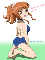 Rule 34 | 1girl, ass, blue one-piece swimsuit, blush, breasts, brown eyes, girls und panzer, happy birthday, highres, long hair, looking at viewer, medium breasts, naotosi, one-piece swimsuit, open mouth, orange hair, ponytail, smile, solo, swimsuit, takebe saori